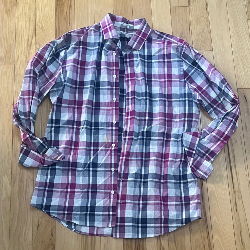 Express Men's Pink and Blue Plaid Button-Down Shirt